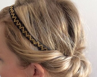 Headband / bandeau / accessoire de coiffure / bijou de tête / serre tête avec élastique noir et doré en perles "Georges V" Ligne8