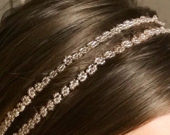 Headband / bandeau / en perles , roses, transparent, forme de fleur, deux rangs,  Ligne8