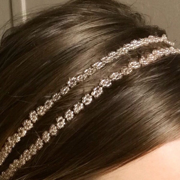 Headband / bandeau / en perles , roses, transparent, forme de fleur, deux rangs,  Ligne8