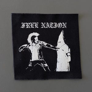 Free Nation Anti Racist Patch, Sew-On for Jackets Jeans, DIY Crust Punk Patch, Black Fabric Handmade Print
