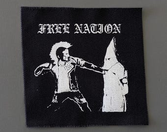 Free Nation Anti Racist Patch, Sew-On for Jackets Jeans, DIY Crust Punk Patch, Black Fabric Handmade Print