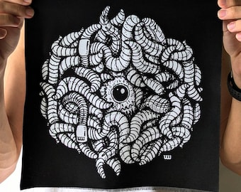 Parche trasero de lombrices de tierra / Parche grande para coser en chaqueta / Arte serigrafiado de terror punk