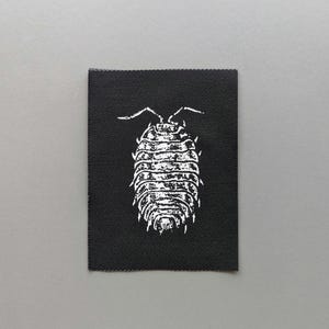 Pill bug - Sew On Patches for Jackets & More • Screen printing Creepy patch • Roly polies textile art | DIY Insect patches