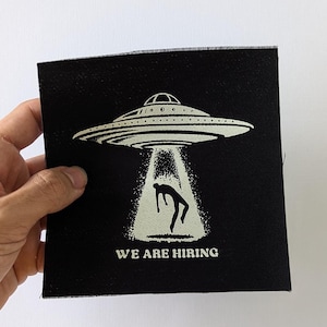 Ufo Sew on Alien Patch Spaceship Abduction • Outer Space fabric art • Cloth Patches for jackets, hats, bags & more • Screen printed design