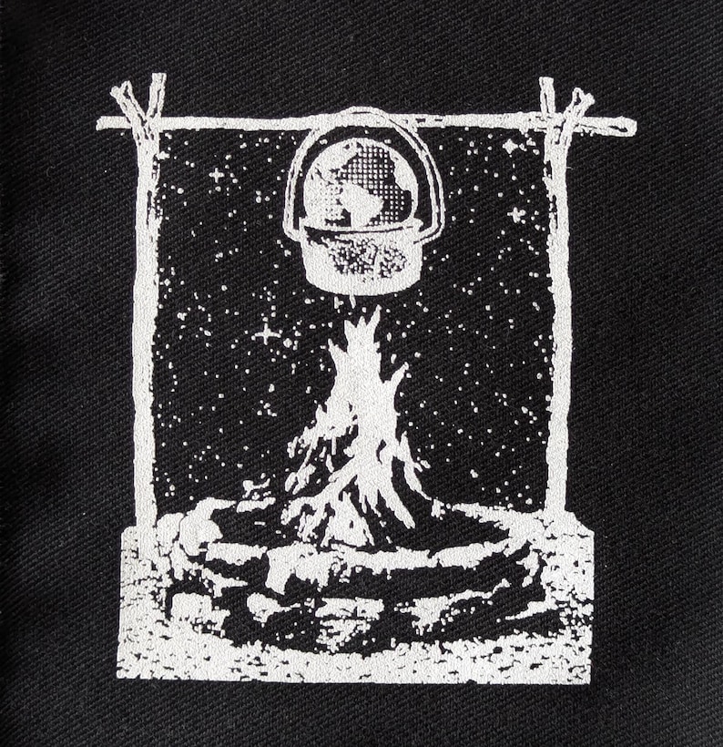 Global Warming Screen Print Patch, Backpack Camp Patch, Sew on Patches, Black Fabric Prints image 6