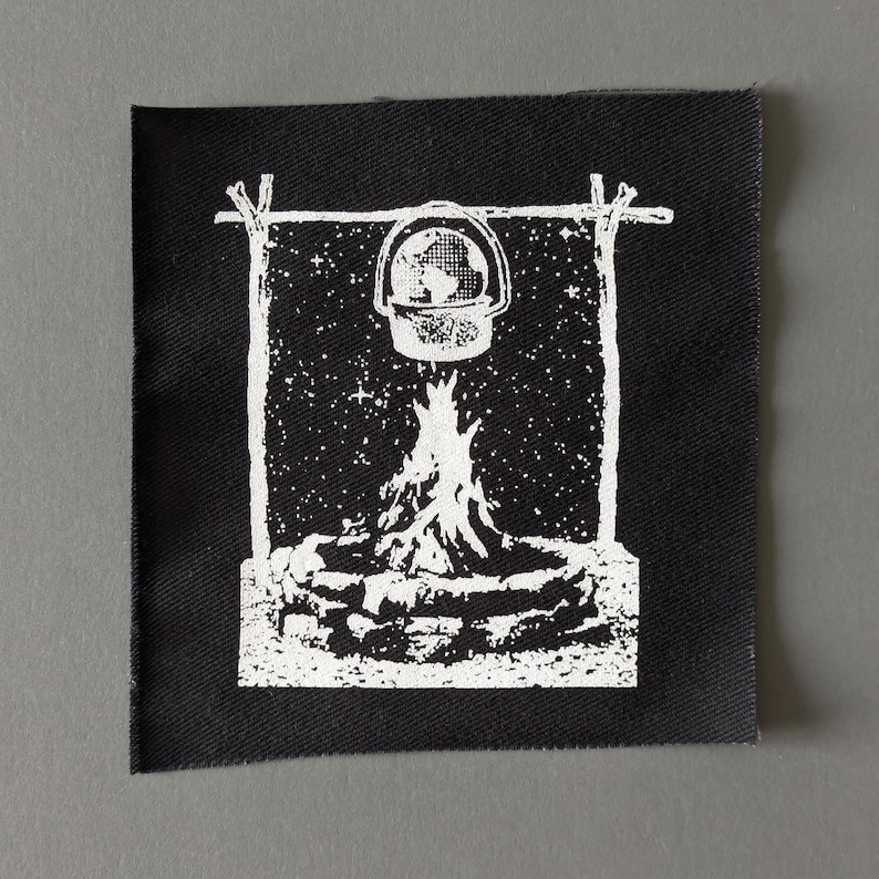 Global Warming Screen Print Patch, Backpack Camp Patch, Sew on Patches, Black Fabric Prints image 1