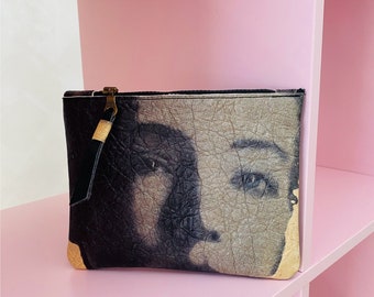 Black clutch bag with unique face print. One of a kind evening bag in beige and Black zip. Cool girlfriend gift idea