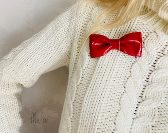 Red leather bow brooch  Christmas bow brooch  for sweater. Pretty December hostess gift idea-