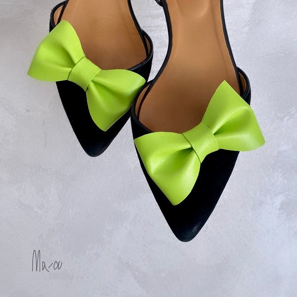 Neon green leather shoe clips. Party bows. Custom shoe bow clips. lime green shoe charms