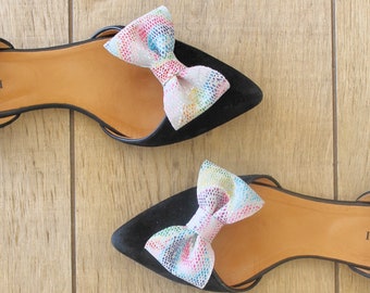 Rainbow  bow shoe clips. Multi coloured leather shoe accessories. Gift for her, Party shoe clips. Summer shoe clips.