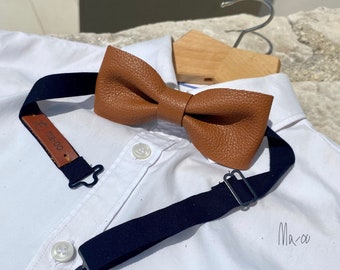 Cognac brown bow tie.  Men's leather bowtie.  Accessories for him  Tan Groom's gift idea. Custom made bow tie