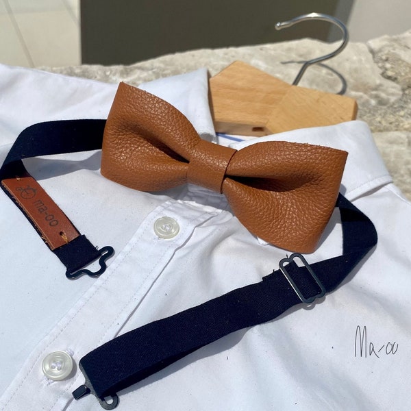 Cognac brown bow tie.  Men's leather bowtie.  Accessories for him  Tan Groom's gift idea. Custom made bow tie