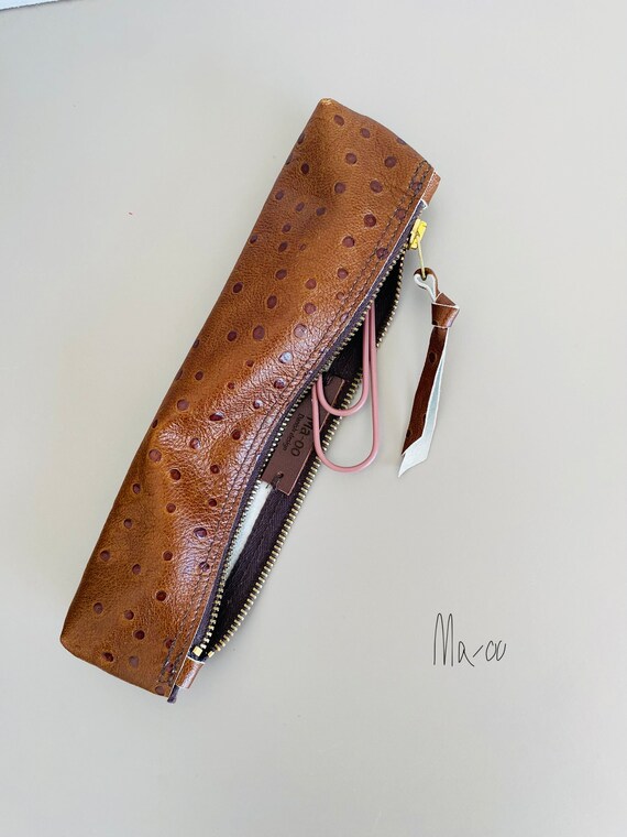 Brown Leather Pencil Case With Ostrich Print. Women Pencil Case. Soft  Leather Makeup Pencil Case Brown. Pencil Case Clearance SALE 