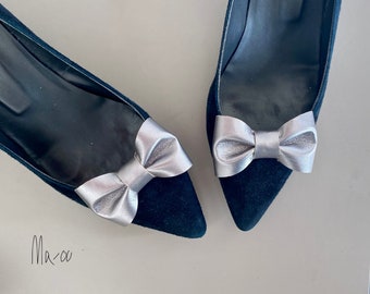 Silver bow shoe clips. Wedding bow shoe charms. Metallic leather shoe accessories.