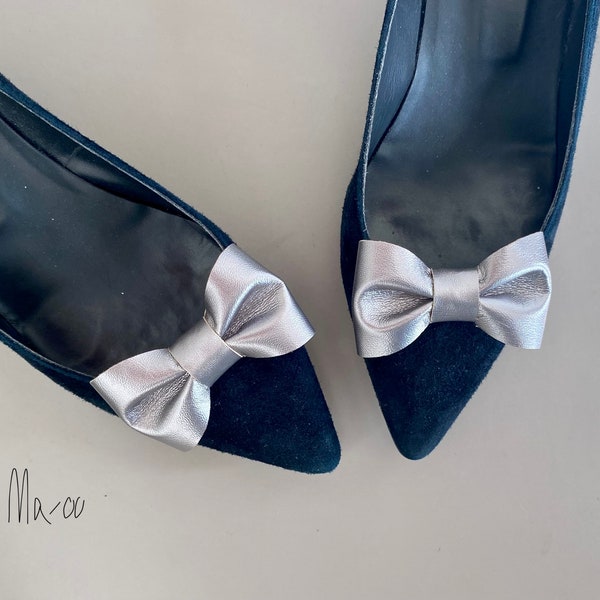 Silver bow shoe clips. Wedding bow shoe charms. Metallic leather shoe accessories.