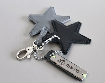 Leather keychain with stars. Black and grey bag charm with star motifs. Girlfriend gift idea