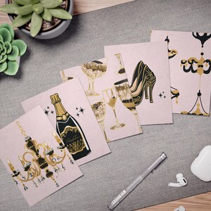 Tarjetas de fiesta en blanco, tarjetas de felicitación de celebración, diseño de champán, invitación a fiesta, regalo para ella, papelería de fiesta, juego de tarjetas con sobre