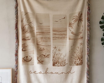 Neutral Coastal Throw Blanket Home Decor Beach Theme Living Room Accent Piece Coastal Design Seashell Pattern Throw Blanket Sofa Cover Guest