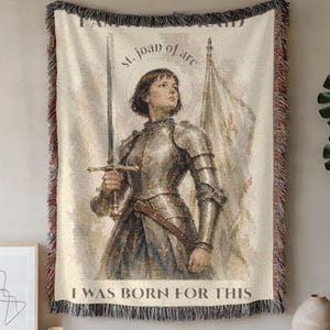 Joan Arc Blanket Catholic Saint Tapestry Throw Woven Cotton Religious Gift Devotional Wall Hanging Spiritual Home Textile Faith Inspired