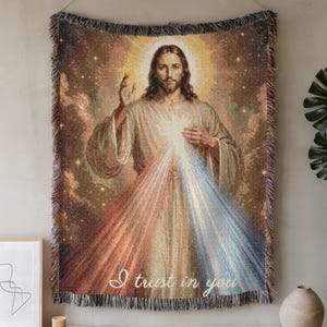 Divine Mercy Blanket Jesus Cotton Throw Religious Woven Tapestry Catholic Home Prayer Textile Faith Devotional Gift Spiritual Lap Coverlet