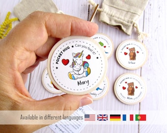 Doppio abbraccio tascabile personalizzato, per il bambino e per i genitori. Gettone per il primo giorno di scuola. Regalo per il ritorno a scuola. Moneta "Ti penso".