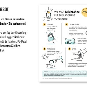 May include: A colorful infographic with a cartoon tooth wearing a crown. The infographic provides instructions on how to prepare baby teeth for storage. The steps include cleaning, disinfecting, drying, and storing the teeth.