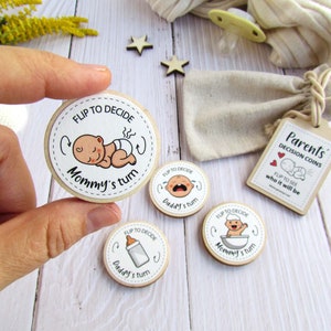 Unieke handgemaakte flip-munt voor nieuwe ouders | Houten munt voor nieuwe ouders om beslissingen te nemen | Cadeau voor pasgeborenen | Leuk gepersonaliseerd kraamcadeau