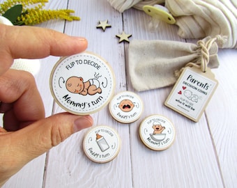 Unique Handmade New Parent Decision Flip Coin | Wood Coin for New Parents Decision Making | Newborn Gift | Fun Personalized Baby Shower Gift