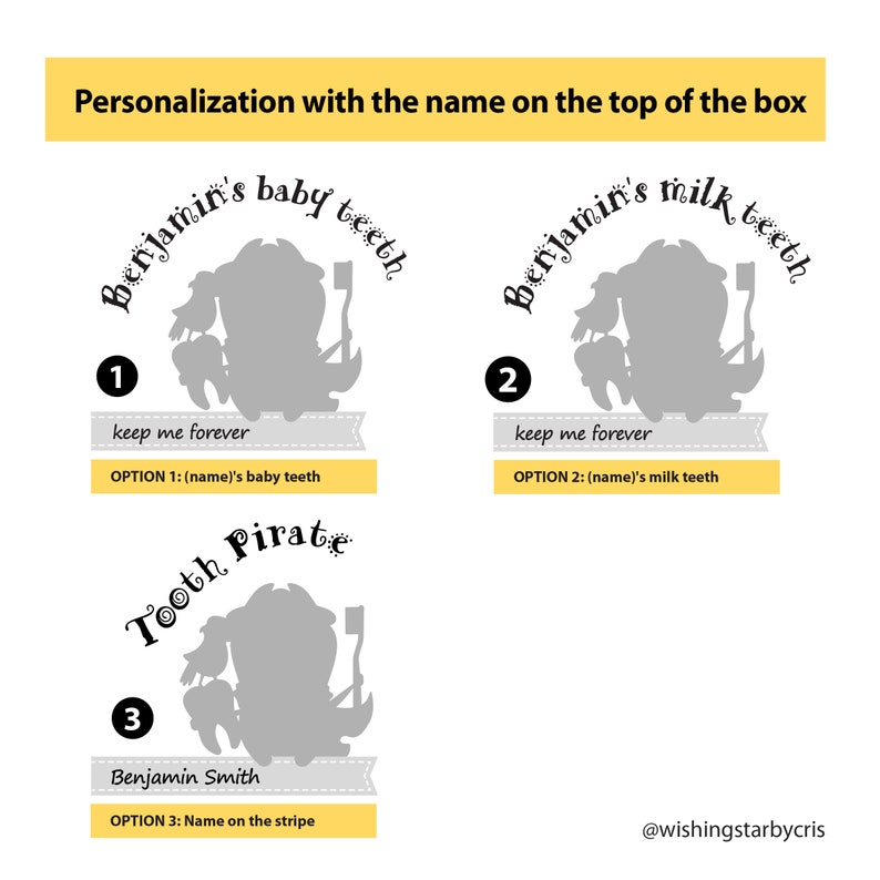 May include: Three options for personalizing a tooth box with a child's name. Option 1: "(name)'s baby teeth" with a tooth fairy illustration. Option 2: "(name)'s milk teeth" with a tooth fairy illustration. Option 3: "(name)" on a stripe with a tooth fairy illustration.