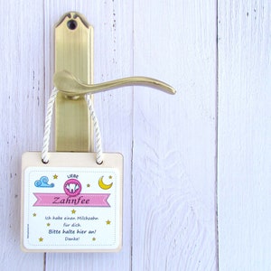 Appendiabiti personalizzato per porta fatina dei denti con porta soldi/Personalisierter Zahnfee-Türhänger/Zahnfee Türschild/Cartello per porta in legno/VERSIONE TEDESCA