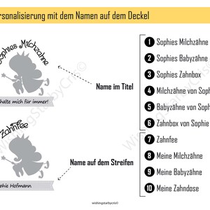 May include: A printable design for a tooth fairy box with a gray illustration of a tooth fairy holding a tooth. The design includes the text "Sophies Milchzahne" and "Behalte mich f&uuml;r immer!"  The design also includes options for personalization with the name in the title and on a strip.