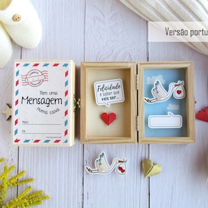 Message in a Box Happiness is knowing you will be... Pregnancy announcement cards. New Baby announcement. 3D Cute card. Personalied gift Em português