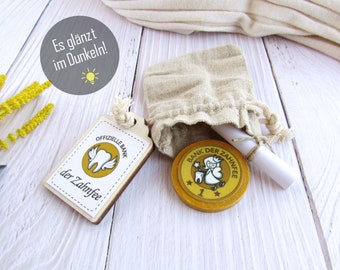 Tooth Fairy "real gold" coin that glows in the dark. Handmade personalised wooden Tooth Fairy Coin for a kid's magic gift. GERMAN VERSION