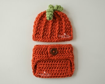 Preemie Pumpkin Outfit, Micro Preemie Halloween or Thanksgiving NICU Hat Diaper Cover Set, Crochet Photo Prop, Baby Girl or Boy NICU Gift