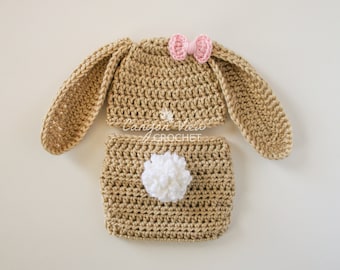 Preemie Bunny Outfit with Optional Bow, Micro Preemie Easter or Halloween Hat & Diaper Cover Set, Crochet Girl or Boy Photo Prop, NICU Gift