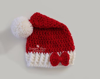 Santa Hat with Optional Bow for Baby Toddler Child Kid Teen or Adult, Crochet Christmas Red and White Santa Claus Hat, Girl Boy Women Men