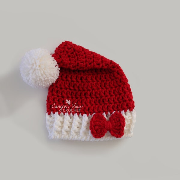 Santa Hat with Optional Bow for Baby Toddler Child Kid Teen or Adult, Crochet Christmas Red and White Santa Claus Hat, Girl Boy Women Men