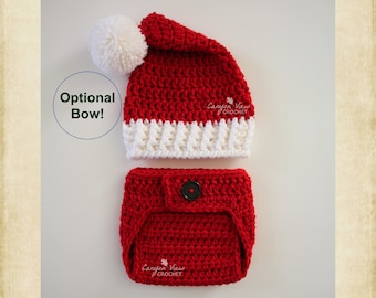 Baby Santa Outfit with Hat and Diaper Cover for Newborn Baby Infant Boy or Girl, Crochet Santa Costume, Christmas Photo Prop, Bow Optional
