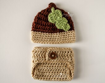 Preemie Acorn Outfit, Micro Preemie Halloween or Thanksgiving NICU Hat Diaper Cover Set, Crochet Photo Prop, Baby Girl or Boy NICU Gift
