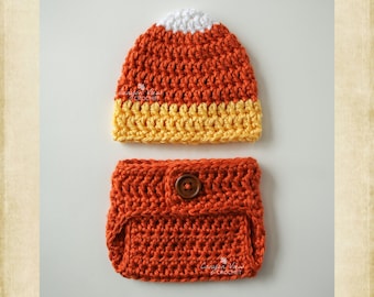 Preemie Candy Corn Outfit, Micro Preemie Halloween Costume, Hat & Diaper Cover, Crochet Photo Prop, Baby Girl or Boy NICU Gift, Optional Bow