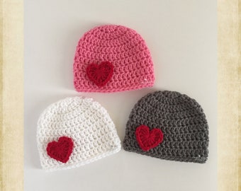 Crochet Valentine's Day Hat, Girl Boy Kids Heart Beanie, Preemie Baby Infant Toddler Child or Newborn Photo Prop, Pink White or Gray, Gift