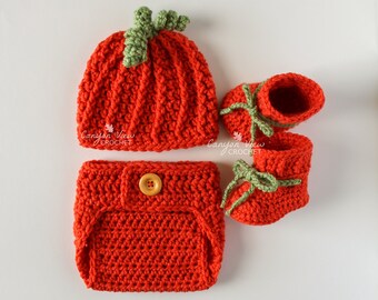 Pumpkin Outfit for Baby Girl or Boy, Crochet Thanksgiving Hat Diaper Cover Booties Set, Halloween Costume, Fall Autumn Photo Prop
