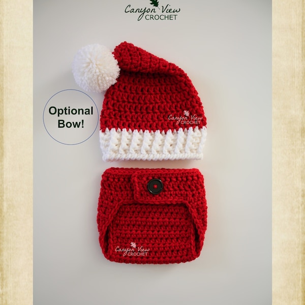 Baby Santa Outfit with Hat and Diaper Cover for Newborn Baby Infant Boy or Girl, Crochet Santa Costume, Christmas Photo Prop, Bow Optional