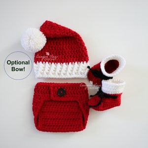 Santa Outfit for Baby Girl or Boy, Crochet Christmas Hat Diaper Cover Booties Set, Santa Costume, Winter Infant Photo Prop, Bow Optional