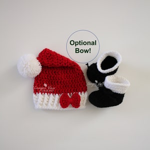 Santa Hat and Booties Set for Baby Girl or Boy, Crochet Santa Costume, Winter Infant Christmas Photo Prop, Baby Christmas Gift, Bow Optional