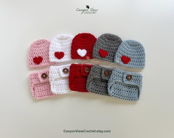 Preemie Hat and Diaper Cover Set, Micro Preemie Boy or Girl Heart Beanie Photo Outfit, NICU Valentine's Day, Crochet Premature Baby Gift