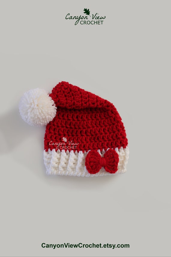 Santa Hat with Optional Bow for Baby Toddler Child Kid Teen or Adult, Crochet Christmas Red and White Santa Claus Hat, Girl Boy Women Men