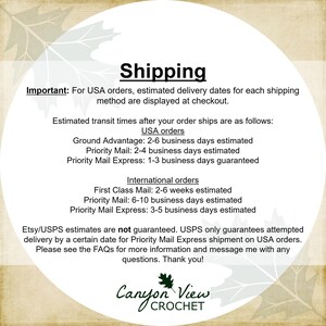 May include: Shipping information for USA and international orders. Estimated delivery times are provided for Ground Advantage, Priority Mail, and Priority Mail Express. Etsy/USPS estimates are not guaranteed. USPS only guarantees attempted delivery by a certain date for Priority Mail Express shipment on USA orders. Please see the FAQs for more information.