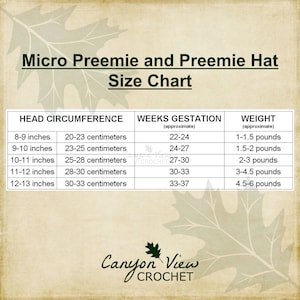 May include: A chart showing the head circumference, weeks of gestation, and weight of micro preemie and preemie babies. The chart is in inches and centimeters for head circumference, weeks for gestation, and pounds for weight.