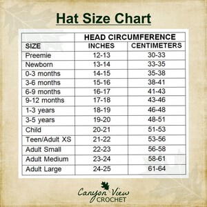 Puede incluir: Una tabla de tallas de sombreros con medidas en pulgadas y cent&iacute;metros. Las tallas van desde Prematuro hasta Adulto Grande, con medidas de circunferencia de cabeza de 30-33 cm a 61-64 cm. El logotipo de Canyon View Crochet est&aacute; en la parte inferior.